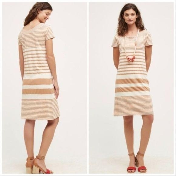 Anthropologie Maeve haven dress in tan and cream striped tee shirt dress size xs - Picture 7 of 7